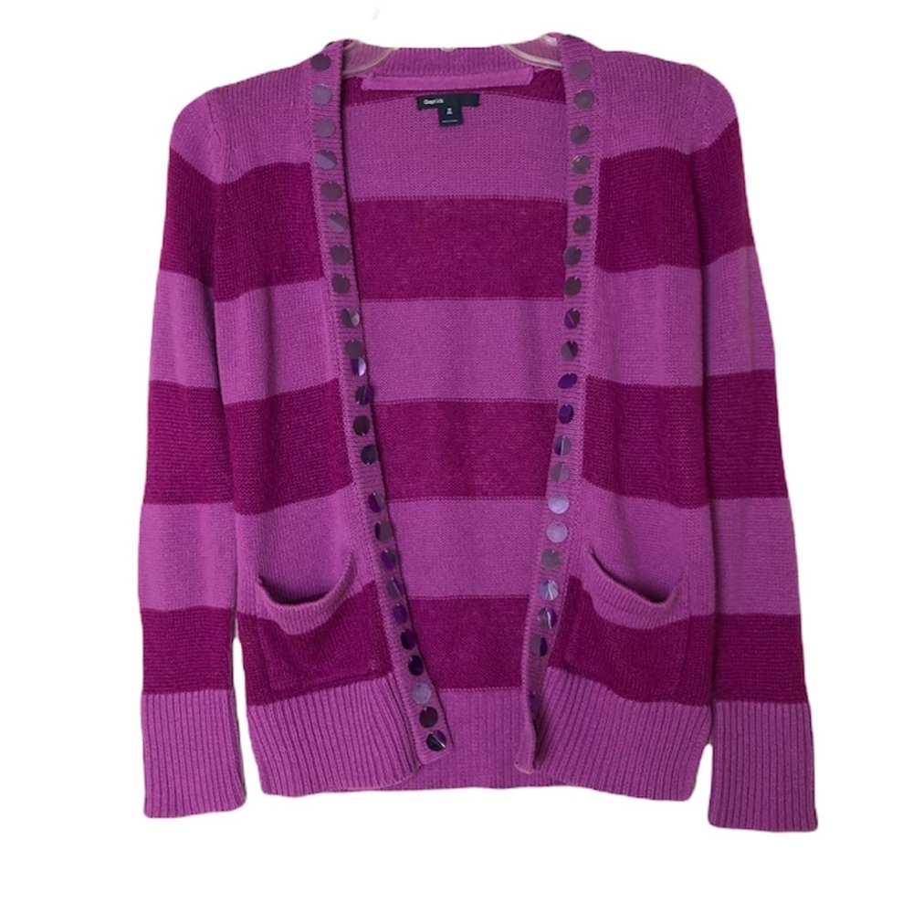 Purple Striped Sequin Trim Open Cardigan Sweater